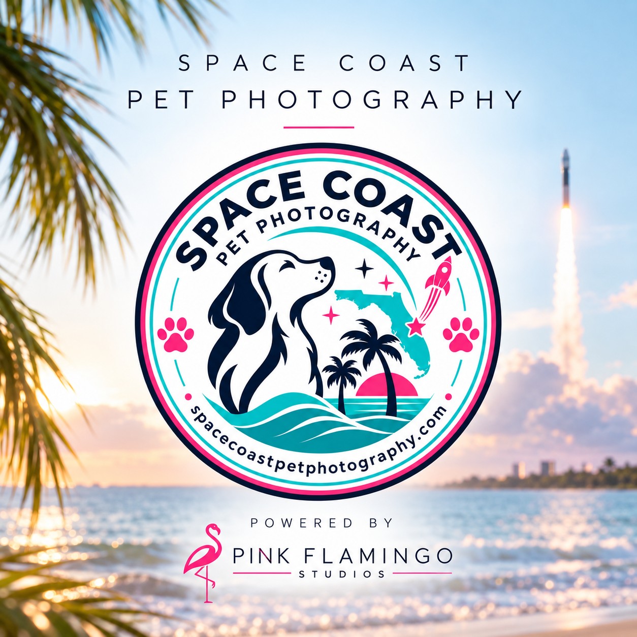 Space Coast Pet Photography launch graphic with Florida coast and rocket imagery